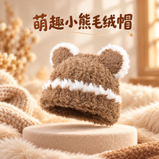 勋阳宇乐 【可爱百搭】大头围针织帽 描边小熊卡其