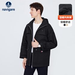 navigare 意大利小帆船黑色中长款棉服男冬季休闲保暖棉衣连帽外套