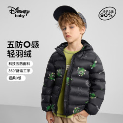 迪士尼 男女童90绒轻薄羽绒服2026秋冬季卡通满印中大童保暖连帽羽绒外套 黑色 【五