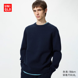 优衣库 男装女装罗纹圆领针织衫/长袖毛衣毛衫481722 481722/69藏青色 M