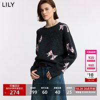 LILY 秋冬新款女装撞色蝴蝶结提花通勤圆领修身针织衫毛衣