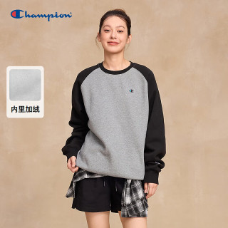 Champion 冠军情侣卫衣男秋季插肩袖上衣女保暖加绒学院风 中麻灰拼黑色 XL