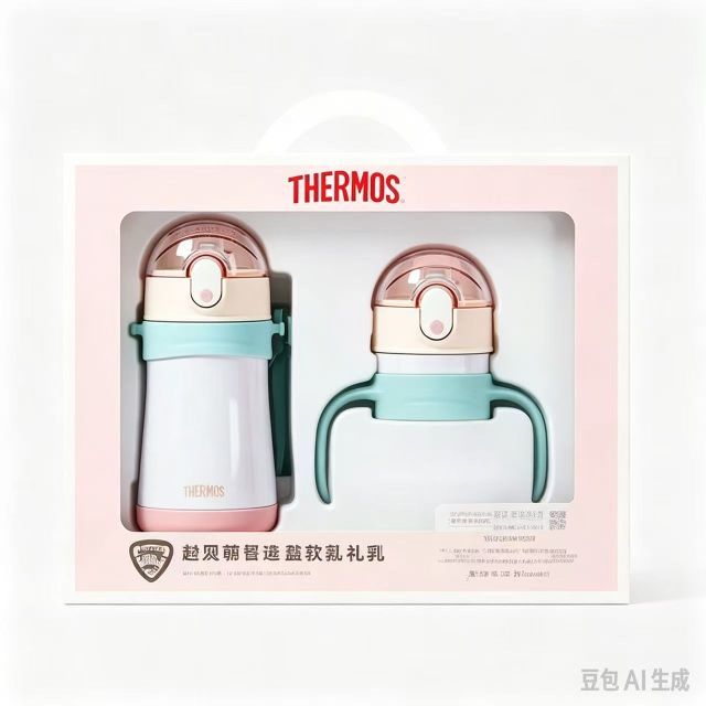 THERMOS 膳魔师 儿童双盖不锈钢保温杯 粉蓝配色 吸管杯+直饮杯 320ml 礼盒款