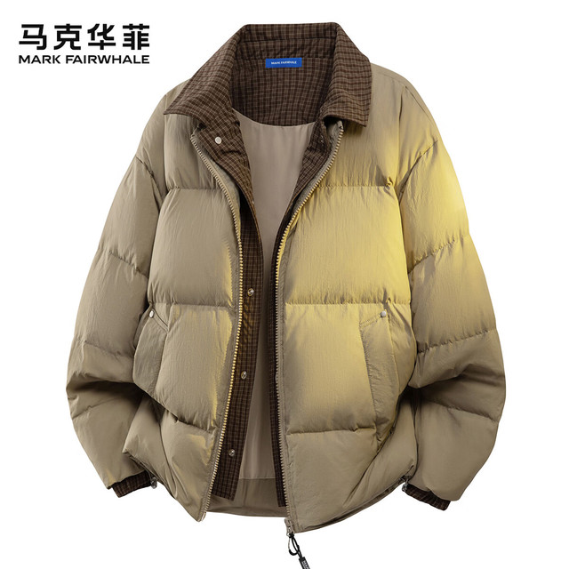 马克华菲 男士格子撞色拼接设计羽绒服秋冬休闲风保暖时尚舒适翻领款面包服