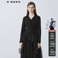 S.DEER 春秋季女装设计感V领立体裁剪不规则长袖衬衫S21380508 黑色/91 S 160