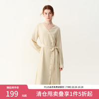范思蓝恩 文艺麻感混纺斜扣收腰显瘦V领系带连衣裙女2026新款3399 米黄色 XS