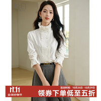 晚白 法式木耳边立领衬衫女2026秋款气质双排珍珠扣荷叶袖百搭长袖衬衣 白色 M