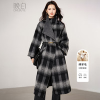 晚白 复古格纹羊毛大衣女2026冬新款配腰带收腰长款立领外套 黑色 均码
