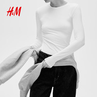 H&M 女装T恤夏季弹性修身圆领柔软舒适长袖汗布简约风T恤1191700 白色 M 165/96
