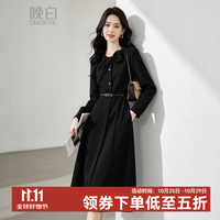 晚白 法式赫本风蝴蝶结长袖连衣裙女2026秋新款A字小黑裙[配腰带] 黑色 S