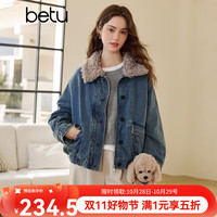 百图 女装2026年冬季新款休闲风毛绒领牛仔棉服宽松日常外套女2610T52 牛仔色 S