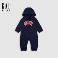 Gap 婴幼儿 logo抓绒连帽开裆连体衣童装爬服 海军蓝