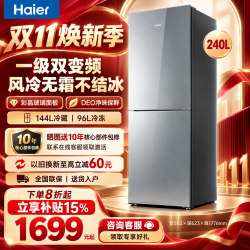 海尔 风冷无霜不结冰309升双开门冰箱一级能效双变频大容量大冷冻 家用补贴  240升彩晶玻璃面板