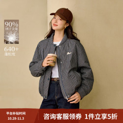 茵曼 复古格纹棒球领休闲羽绒服