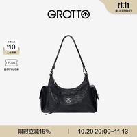 GROTTO 新款吐司hobo包植鞣羊皮腋下单肩斜挎软包通勤礼物 经典黑/亮银 S