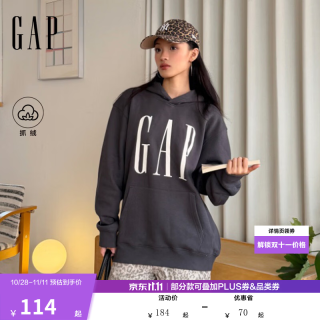 Gap 男女装2026秋新品潮流logo印花抓绒连帽宽松卫衣1SS623908 黑灰色 L (175/96A)亚洲尺码