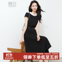 晚白 法式撞色赫本领连衣裙女2026夏新款收腰显瘦通勤小黑裙中长裙 黑色 S