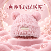 勋阳宇乐 【加绒加厚】大头围针织帽 皮标熊粉