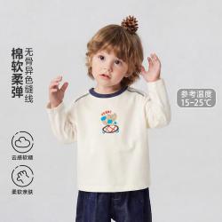 迷你巴拉 男女童宝宝棉弹透气长袖T恤撞色领口图案上衣打底秋新款