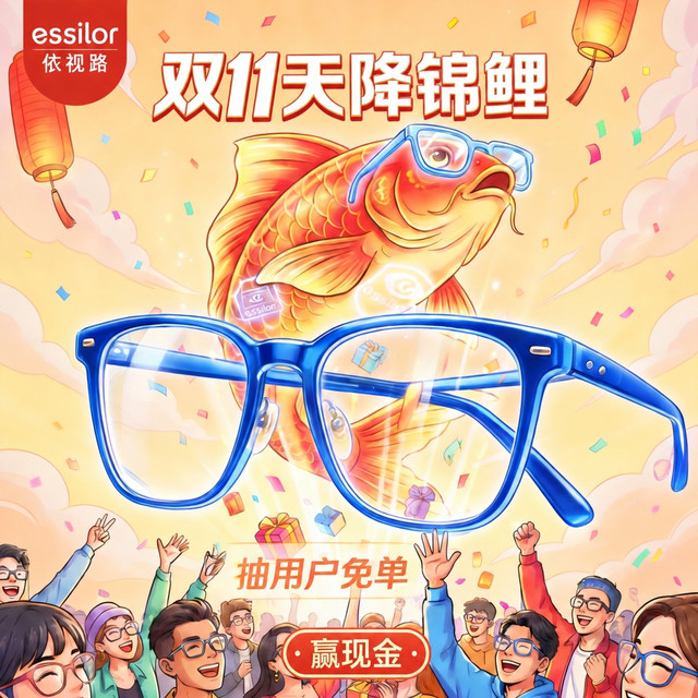 天降锦鲤、评论有奖：双11配镜不踩坑：依视路钻晶镜片限时好价已开启，免单名额等你抽