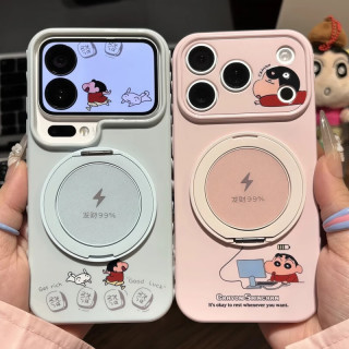 花小匣发财小新支架适用苹果17PRO手机壳充电卡通iPhone16/15防摔保护套 发财小新+蓝色旋转支架 苹果17