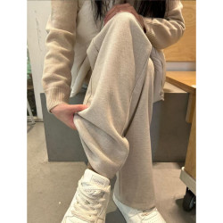 燠阳 秋冬季阔腿裤子女高腰加绒休闲裤小个子宽松人字纹直筒慵懒风无兜 不加绒-杏色 2XL