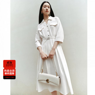 太平鸟 女装简约通勤夏季翻领收腰连衣裙长款裙子女 白色 M
