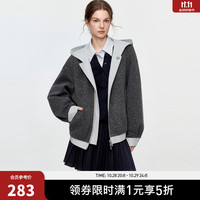 ELLE 绵羊毛连帽撞色拼接短外套女2026秋季新款两面穿休闲毛呢上衣 深灰 XL