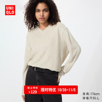 PLUS会员：优衣库 罗纹针织摇粒绒V领套头衫/长袖女装487595 30 浅米色 M