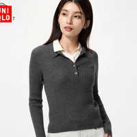 优衣库 3D精纺美利奴羊毛混纺罗纹POLO领针织衫女装/T恤毛衣485321 08 深灰色 2XL