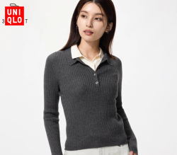 优衣库 3D精纺美利奴羊毛混纺罗纹POLO领针织衫女装/T恤毛衣485321 08 深灰色 2XL