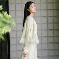 三彩 2026秋季新款新中式连衣裙羽毛纱蕾丝长裙高端C