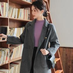 DEBRAND 秋季双面呢女式大衣女式翻领休闲外套小个子中长款上衣