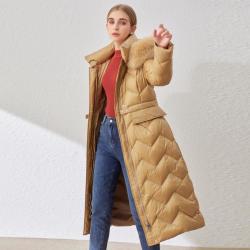 斯尔丽 天然狐狸毛领翻盖口袋连帽保暖长款女修身显瘦羽绒服