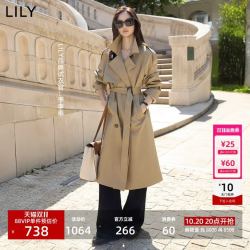 LILY 中长款复古英伦风双排扣宽松通勤风衣外套女
