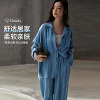 ZAO FU NIAO 睡衣秋女带胸垫翻领开衫牛仔蓝印花舒适可外穿家居服