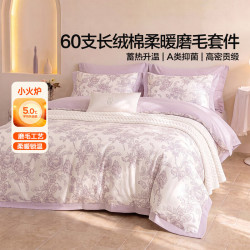 水星家纺 A类抑菌60支长绒棉磨毛四件套全棉秋冬床单枕套被罩套件 南法·漫花诗笺磨毛四件套1.8米床