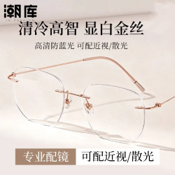 潮库 超轻钛金丝大框无框近视眼镜框+1.67防蓝光镜片