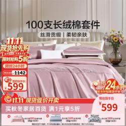 富安娜 家纺 四件套纯棉100支长绒棉纯色刺绣双人床上用品床单被套 伊夫林