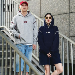 Gap 男女装秋镶边贝壳绣宽松连帽加绒卫衣  海军蓝