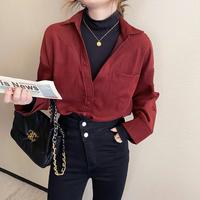唐狮 秋款假两件长袖衬衫女时尚灯芯绒韩版复古百搭上衣女秋秋女式衬衫