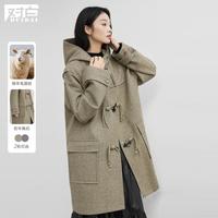 DUIBAI 2025冬装宽松连帽牛角扣羊毛女式大衣学院风休闲中长款呢外套