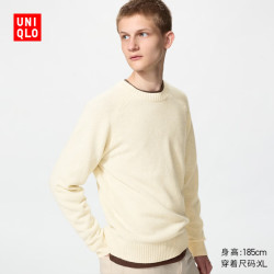 优衣库 柔软绵羊毛圆领针织衫/长袖男装女装/毛衣毛衫486071 30 浅米色