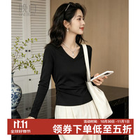 晚白 纸片人显瘦长袖T恤女2026秋款气质V领侧压褶收腰百搭打底上衣 黑色 M