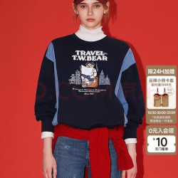 TEENIE WEENIE 小熊 女装圆领卫衣 拼接印花耐磨透气 TTMA251103T 浅蓝