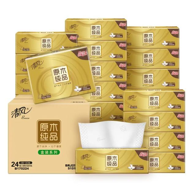 清风 抽纸原木金装大尺寸 3层100抽*24包整箱