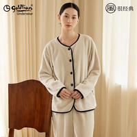 金利来 法兰绒家居服女开襟长袖长裤净色圆领可外穿舒适宽松套装 糖霜白 L (165)