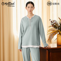 金利来 双面磨毛睡衣女富含植物纤维家居服女长袖长裤净色圆领可外穿套装 水云蓝 M (160)
