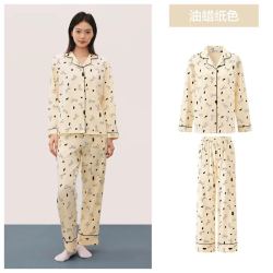YOUKESHU 女士睡衣女纯棉7A抗菌斑点狗狗可爱印花长袖亲肤家居服套装女款 油蜡纸色