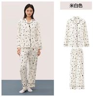 YOUKESHU 女士睡衣女纯棉7A抗菌斑点狗狗可爱印花长袖亲肤家居服套装女款 米白色 L